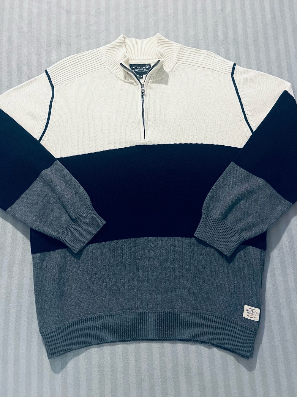 Nautica Men’s Colorblock Half-Zip Sweater — White, Black & Gray